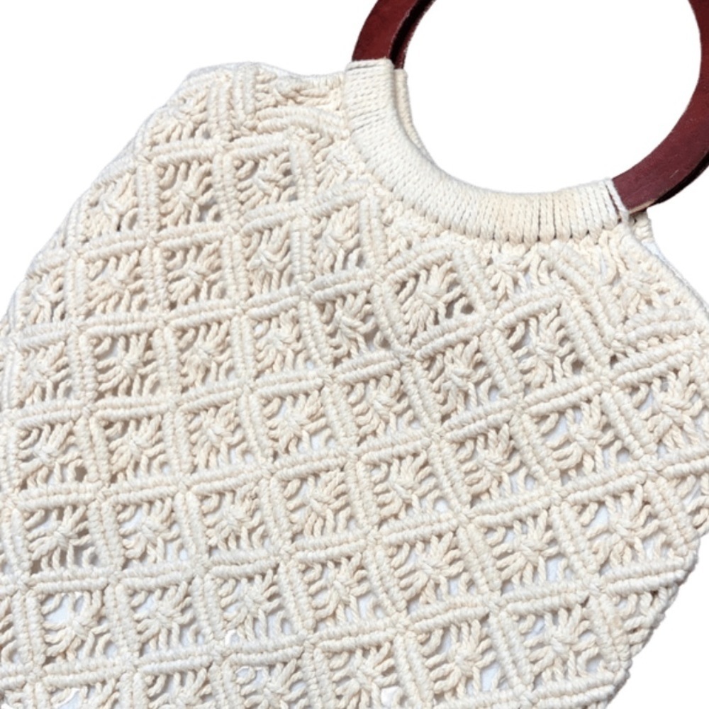 Bohemian Macrame Tote Bag Wooden Ring Handles Cream Knitted Shoulder Bag - Picture 5 of 13